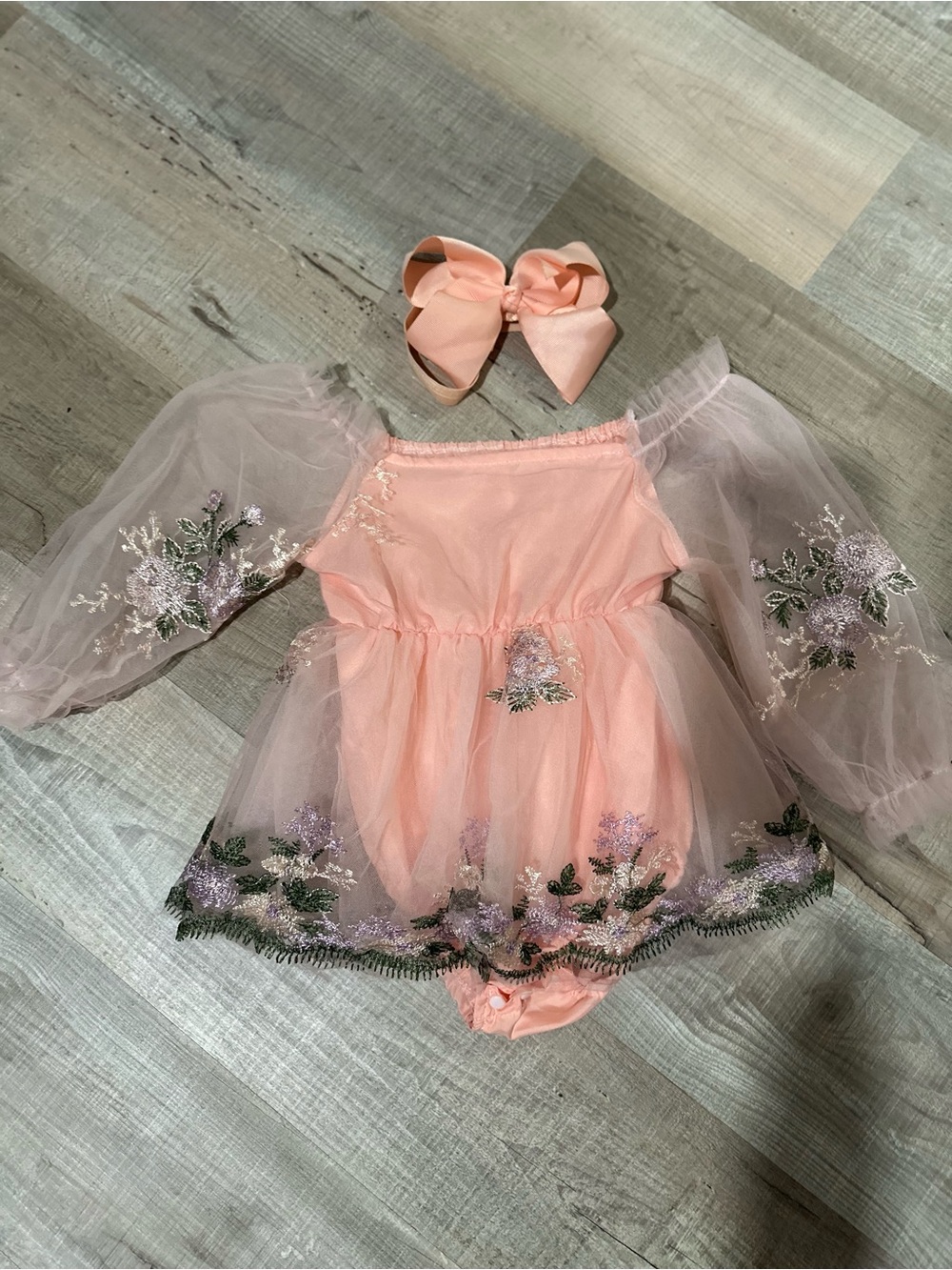 SHEIN Peach Floral Tulle Baby Dress with Bow